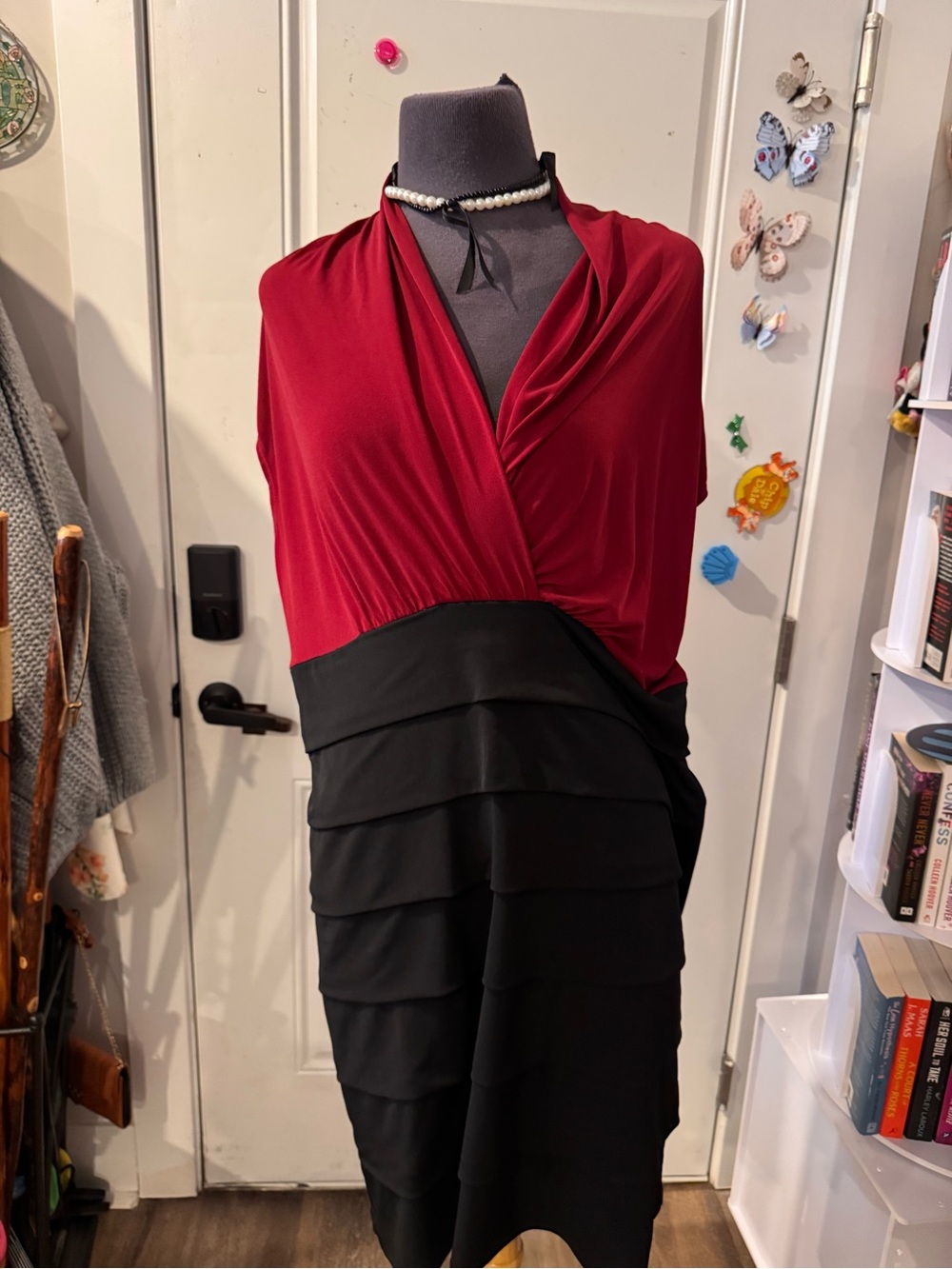 Enfocus Studio Red Draped Top with Black Beaded Accent